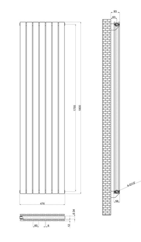 Вертикальний дизайнерський радіатор опалення ARTTIDESIGN Livorno II 7/1800/476 чорний матовий