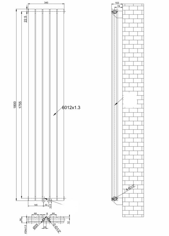Вертикальний дизайнерський радіатор опалення ARTTIDESIGN Livorno II 5/1800/340/50 чорний матовий Вертикальний дизайнерський радіатор опалення ARTTIDESIGN Livorno II 5/1800/340/50 чорний матовий