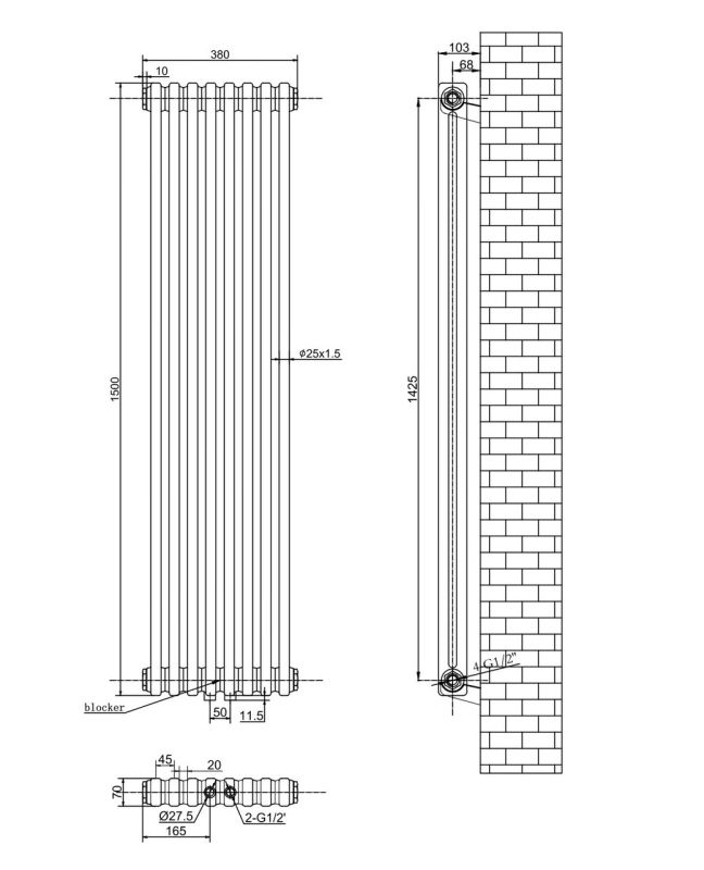 Вертикальный дизайнерский радиатор отопления ARTTIDESIGN Bari II 8/1500/380/50 чёрный матовий Вертикальный дизайнерский радиатор отопления ARTTIDESIGN Bari II 8/1500/380/50 чёрный матовий