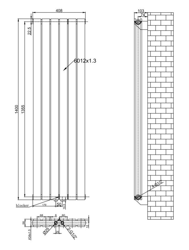 Вертикальний дизайнерський радіатор опалення ARTTIDESIGN Livorno II 6/1400/408/50 чорний матовий