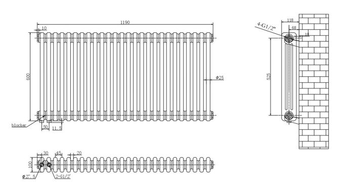 Горизонтальний дизайнерський радіатор опалення ARTTIDESIGN Bari III G 26/600/1190/50 чорний матовий