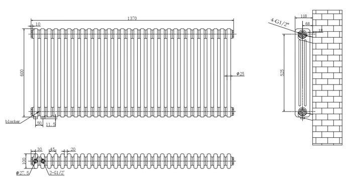Горизонтальный дизайнерский радиатор отопления ARTTIDESIGN Bari III G 30/600/1370/50 черый матовий Горизонтальный дизайнерский радиатор отопления ARTTIDESIGN Bari III G 30/600/1370/50 черый матовий