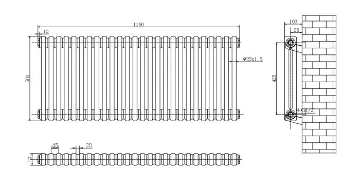 Горизонтальный дизайнерский радиатор отопления ARTTIDESIGN Bari II G 26/500/1190 черный матовий Горизонтальный дизайнерский радиатор отопления ARTTIDESIGN Bari II G 26/500/1190 черный матовий