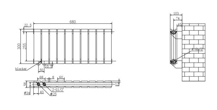 Горизонтальний дизайнерський радіатор опалення ARTTIDESIGN Livorno II G 10/300/680/50 чорний матовий