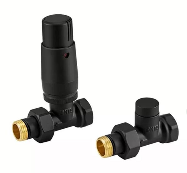 Комплект кранів прямих с термоголовкой 1/2” x 1/2” чорний матовий