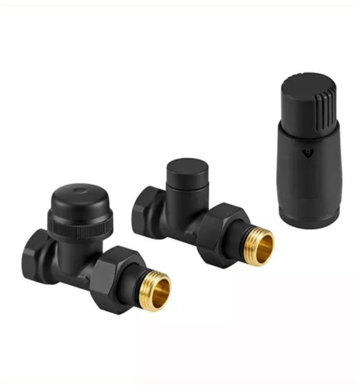 Комплект кранів прямих с термоголовкой 1/2” x 1/2” чорний матовий