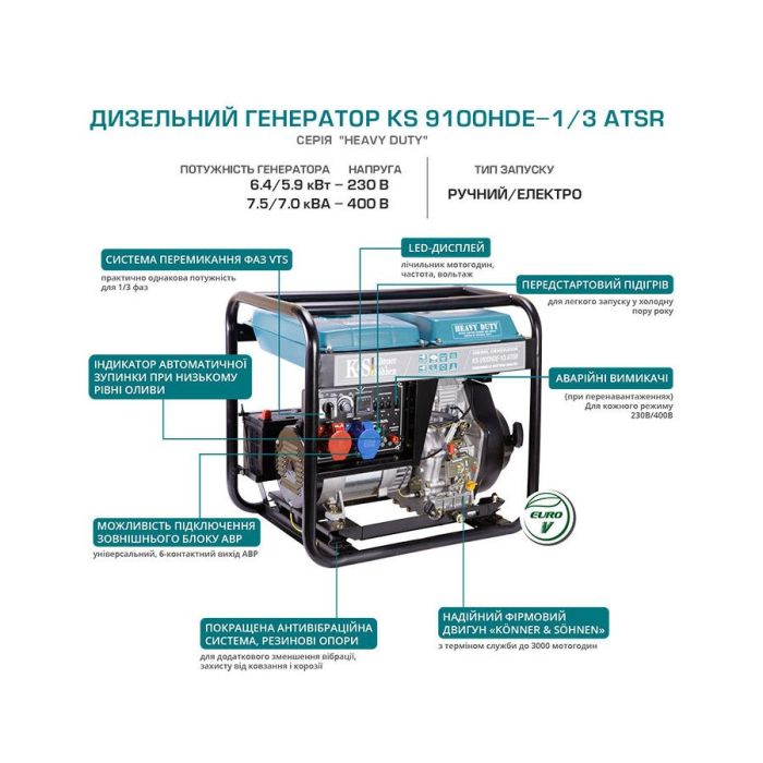 Дизельний генератор 7,5 кВт Konner & Sohnen KS 9100HDE-1/3 ATSR (EURO V) Дизельний генератор 7,5 кВт Konner & Sohnen KS 9100HDE-1/3 ATSR (EURO V)