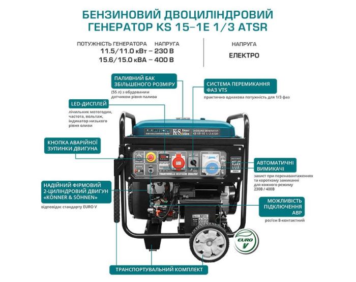 Бензиновий двоциліндровий генератор 11 кВт Konner & Sohnen KS 15-1E 1/3 ATSR Бензиновий двоциліндровий генератор 11 кВт Konner & Sohnen KS 15-1E 1/3 ATSR