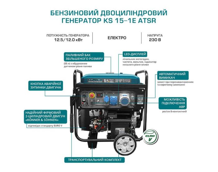 Бензиновий генератор двоциліндровий 12 кВт Konner & Sohnen KS 15-1E ATSR Бензиновий генератор двоциліндровий 12 кВт Konner & Sohnen KS 15-1E ATSR